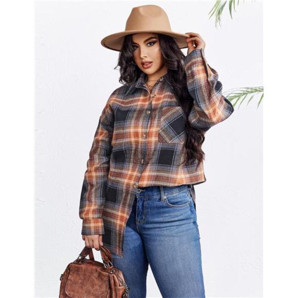Womens Plus Size Flannel Plaid Shirts Long Sleeve Casual Collared - Picture 3 of 6